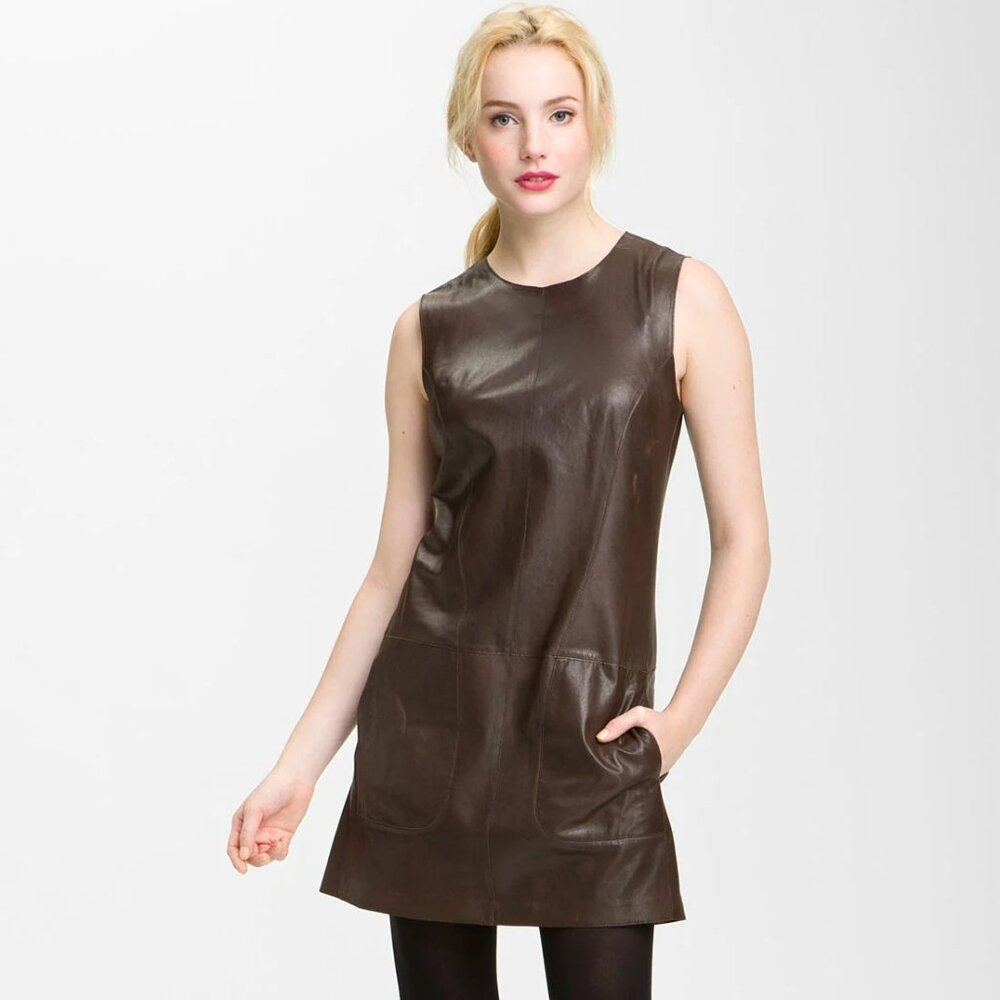 Vince Lamb Leather Brown Mini Dress, Size 6 Brown